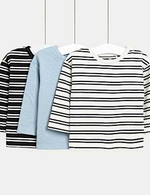 3pk Pure Cotton Striped & Plain T-Shirts (0-6 Yrs)