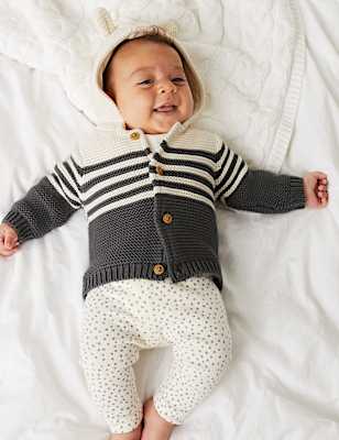 Pure Cotton Knitted Chunky Striped Cardigan (0-3 Yrs)