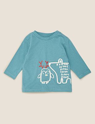 Pure Cotton Bear & Penguin Print Top (0-3 Yrs)
