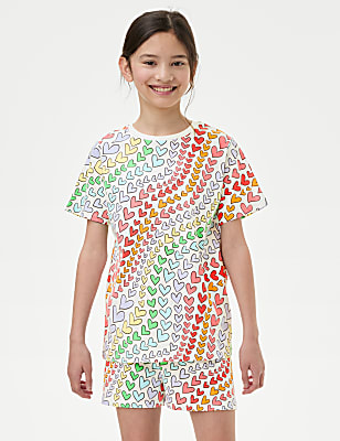 Pure Cotton Rainbow Heart Print Pyjamas (7-14 Yrs)