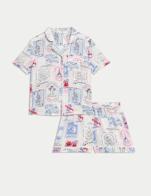 Satin Postcard Print Revere Pyjamas (3-16 Yrs)
