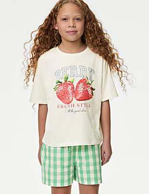 Pure Cotton Strawberry & Checked Pyjamas (3-16 Yrs)