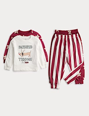 2pk Cotton Rich Christmas Dachshund Pyjama Sets (1-8 Yrs)
