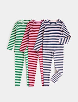 3 Pack Cotton Rich Ribbed Striped Pyjama Sets (1-8 Yrs)