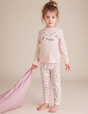 2pk Pure Cotton Cat Pyjama Sets (1-7 Yrs)