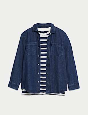 2pc Pure Cotton Striped Shirt & T-Shirt Set (6-16 Yrs)