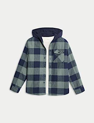 Pure Cotton Checked Hooded Shirt & T-Shirt Set (6-16 Yrs)