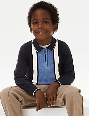 Pure Cotton Striped Knitted Zip Polo Shirt (2-8 Yrs)