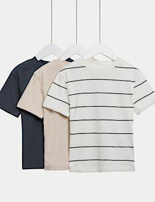 3pk Pure Cotton Striped & Plain T-Shirts (2-8 Yrs)