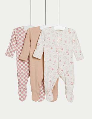 3pk Cotton Rich Ribbed Sleepsuits (0-3 Yrs)