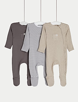 3 Pack Cotton Rich Striped & Plain Sleepsuits (0-3 Yrs)