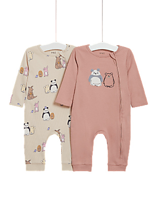 2pk Pure Cotton Animal Print Zip Sleepsuits (7lbs-1 Yrs)