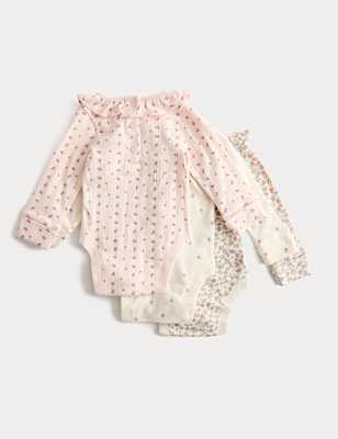 3pk Pure Cotton Floral Long Sleeve Bodysuits (0-3 Yrs)