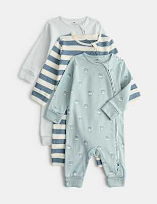 3 Pack Pure Cotton Milk & Striped Sleepsuits (7lbs-3 Yrs)