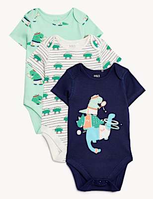 3pk Pure Cotton Dinosaur Bodysuits