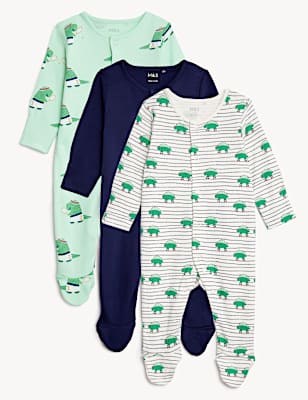 3pk Pure Cotton Dinosaur Sleepsuits