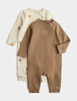 2 Pack Cotton Blend Bear Sleepsuits (0-3 Yrs)