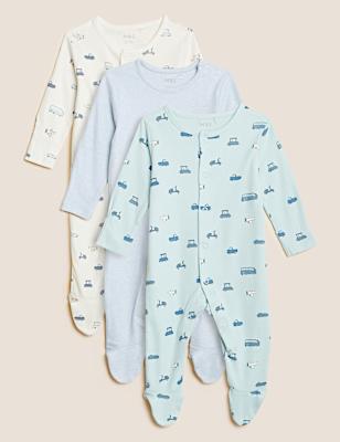 3pk Pure Cotton Transport Sleepsuits (61/2lbs - 3 Yrs)