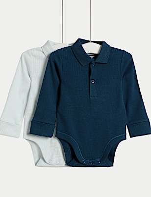 2pk Pure Cotton Long Sleeve Polo Bodysuits (0-3Yrs)