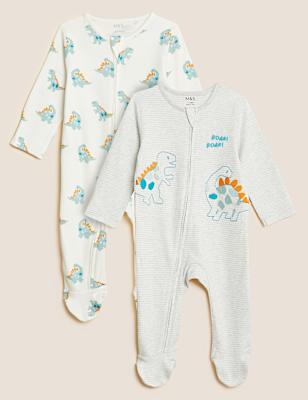 2pk Pure Cotton Dinosaur Sleepsuits (0-3 Yrs)