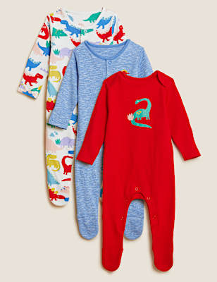 3pk Pure Cotton Dinosaur Sleepsuits (61/2lbs - 3 Yrs)