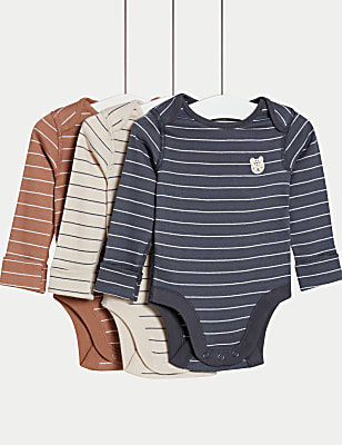 3pk Pure Cotton Striped & Bear Bodysuits (0-3 Yrs)
