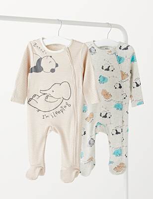 2pk Cotton Rich Animal Sleepsuits