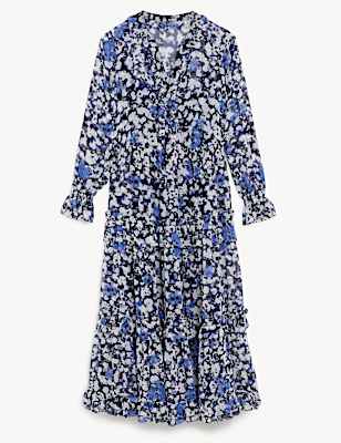 Floral V-Neck Ruffle Midi Tiered Dress