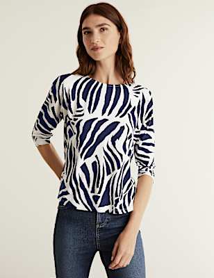 Jersey Printed Slash Neck 3/4 Sleeve Top
