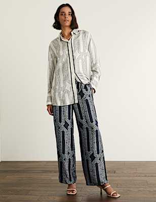 Pure Silk Printed Wide Leg Trousers