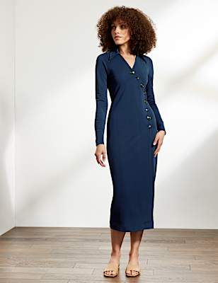 V-Neck Button Detail Midi Wrap Dress