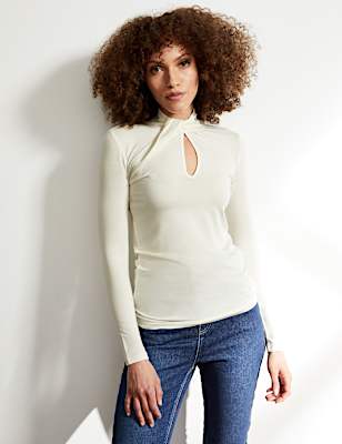 Tencel&trade; Rich Twist Neck Long Sleeve Top