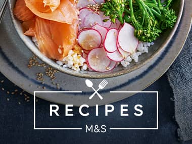 M&S Recipes logo on strawberry dessert background