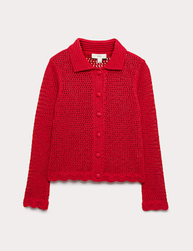 Cotton Blend Crochet-Style Collared Cardigan.