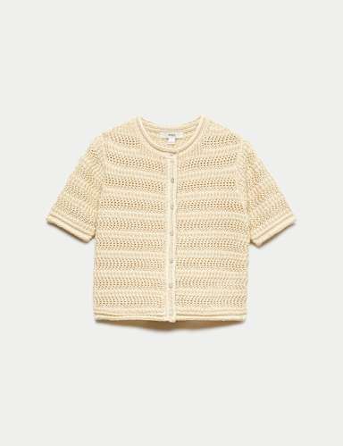 Cotton Blend Textured Cropped Cardigan.
