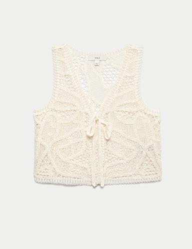 Crochet-Style Cropped Knitted Waistcoat.