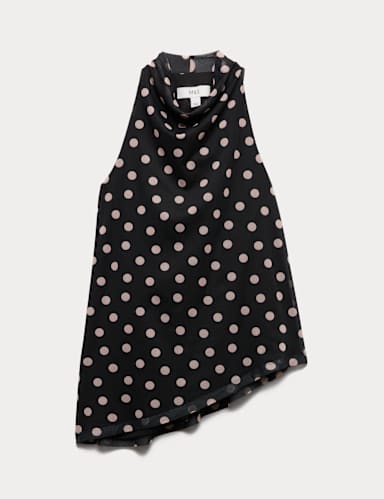 Mesh Polka Dot Cowl Neck Asymmetric Drape Vest.