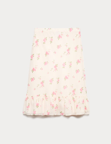 Floral Ruffle Hem Midi Tiered Skirt.