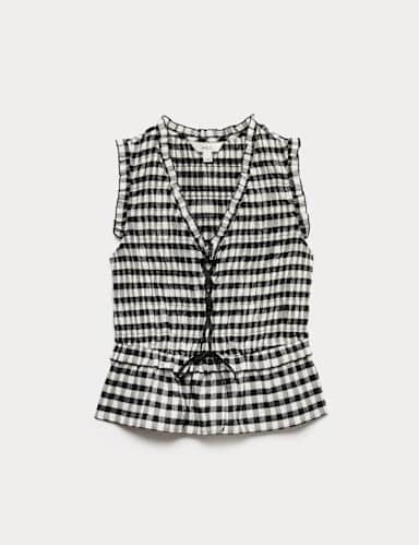 Cotton Blend Gingham Shirred Peplum Top.