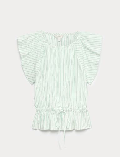 Pure Cotton Striped Puff Sleeve Drawstring Top.