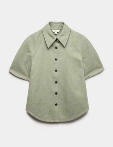 Faux Suede Basket Weave Collared Shirt.
