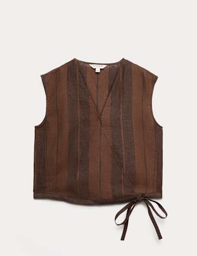 Pure Flax Linen Striped Wrap Top.