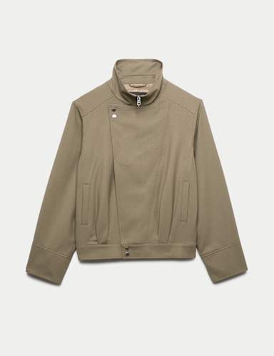 Wool Blend Funnel Neck Tailored Bomber Jacket.