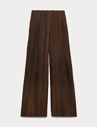 Pure Flax Linen Striped Wide Leg Trousers.