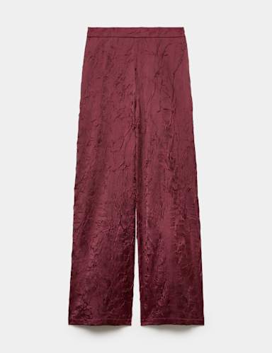 Satin Textured High Waisted Wide Leg Trousers.