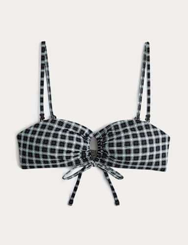 Checked Tie Front Bandeau Bikini Top.