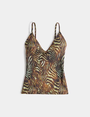 Tummy Control Printed Plunge Tankini Top.