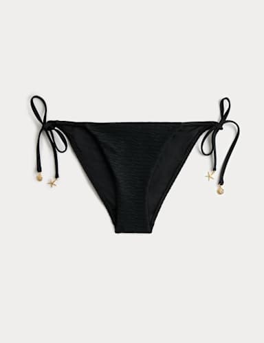 Textured Tie Side Trim Detail High Leg Bikini Bottoms.