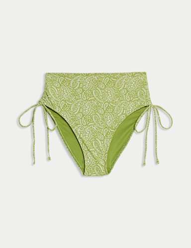 Printed Drawstring High Waisted Bikini Bottoms.