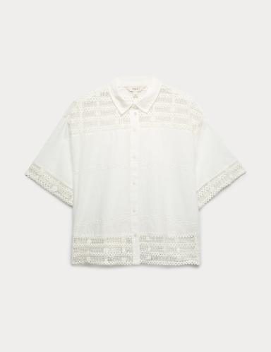 Pure Cotton Lace Insert Short Sleeve Shirt.